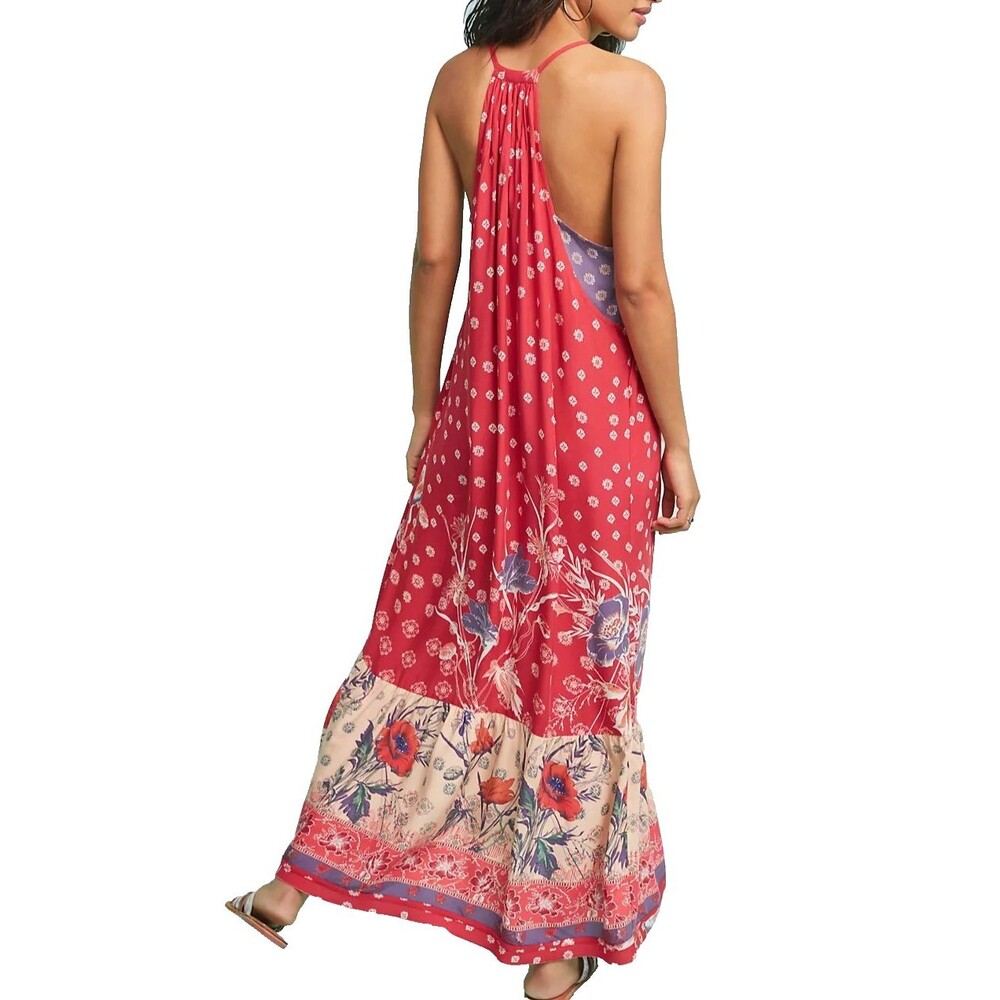 Maeve Anthropologie Maxi Dress XL Red Fuchsia Kira Printed Boho Halter Layered